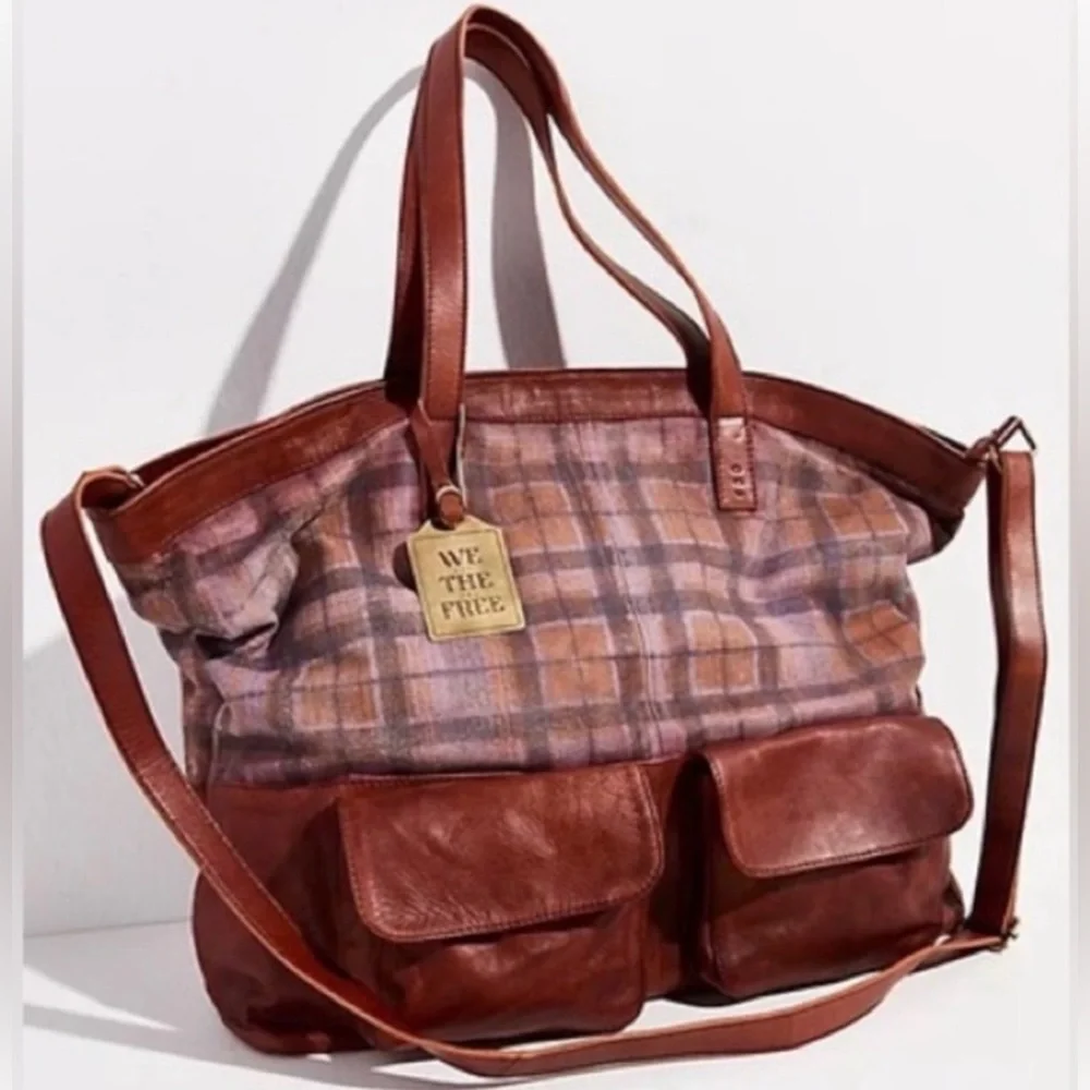 Free People Brown Leather & Plaid Tote Bag